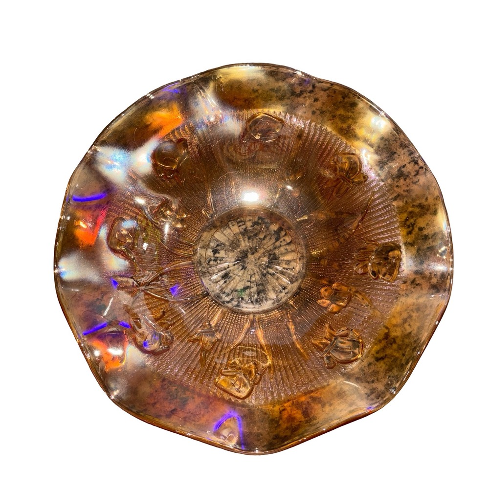 Vintage Marigold Carnival Glass Bowl Iris and Herringbone Ruffled Edge - Picture 2 of 3